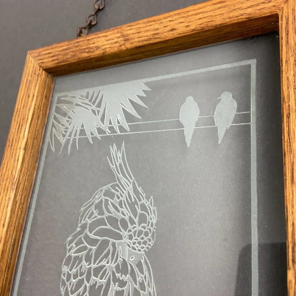 Vintage Stained Glass Window Panel  Wall decor Engraving Parrot